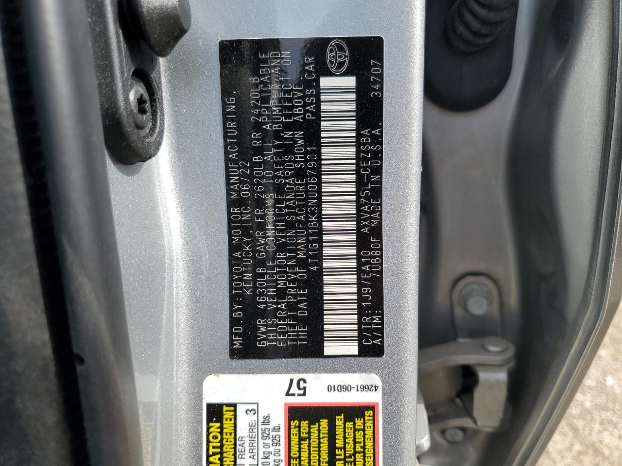 2022 Toyota Camry Se VIN: 4T1G11BK3NU067901 Lot: 83754745