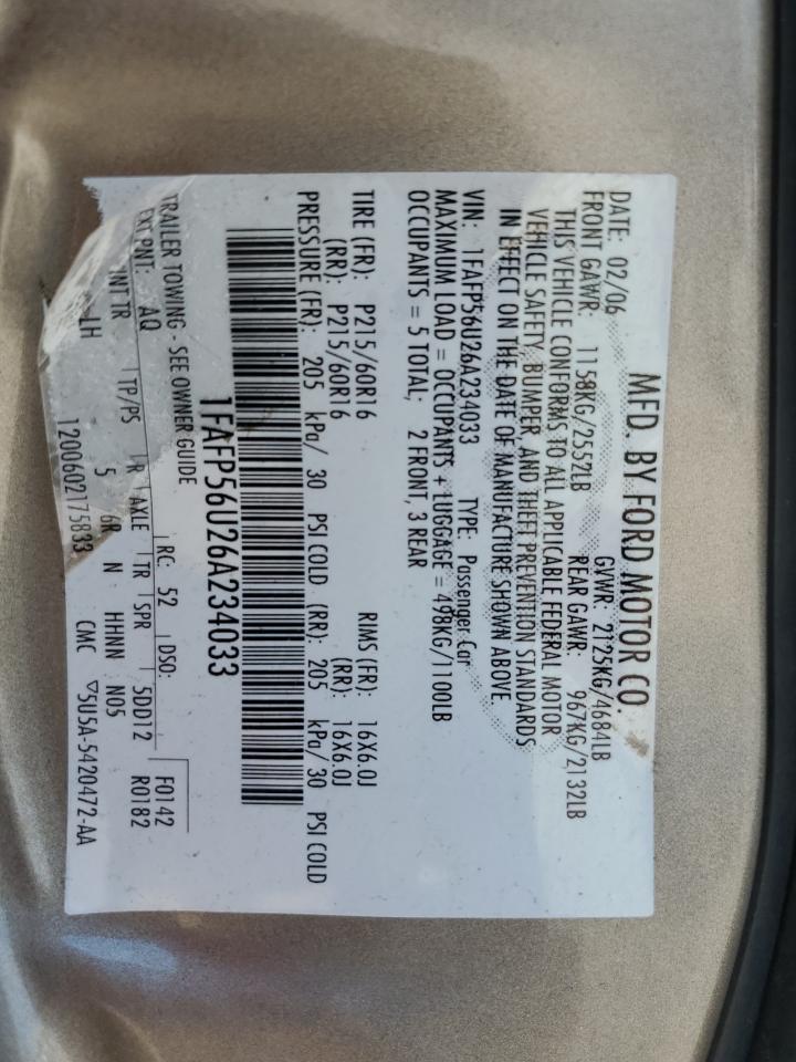 2006 Ford Taurus Sel VIN: 1FAFP56U26A234033 Lot: 71208205