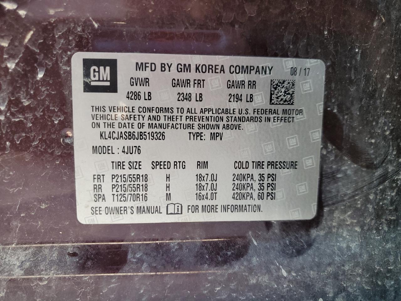 2018 Buick Encore Preferred VIN: KL4CJASB6JB519326 Lot: 80293865