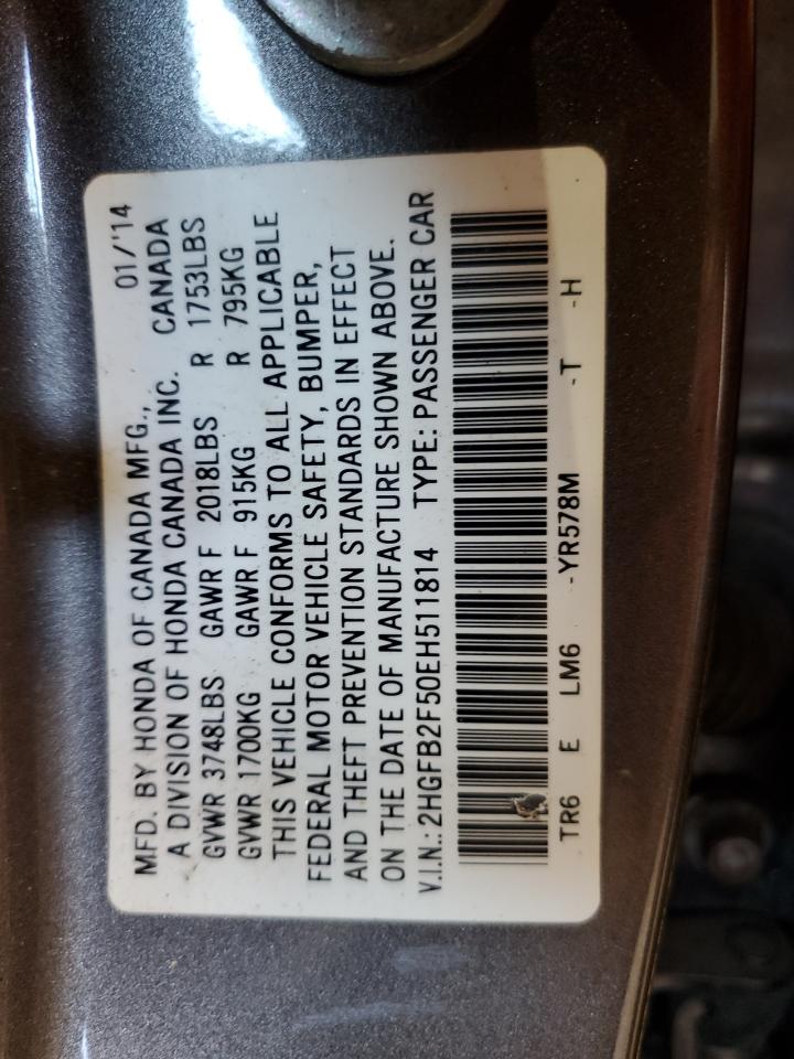 2014 Honda Civic Lx VIN: 2HGFB2F50EH511814 Lot: 80793265