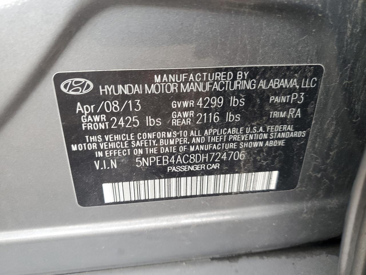 2013 Hyundai Sonata Gls VIN: 5NPEB4AC8DH724706 Lot: 71027495