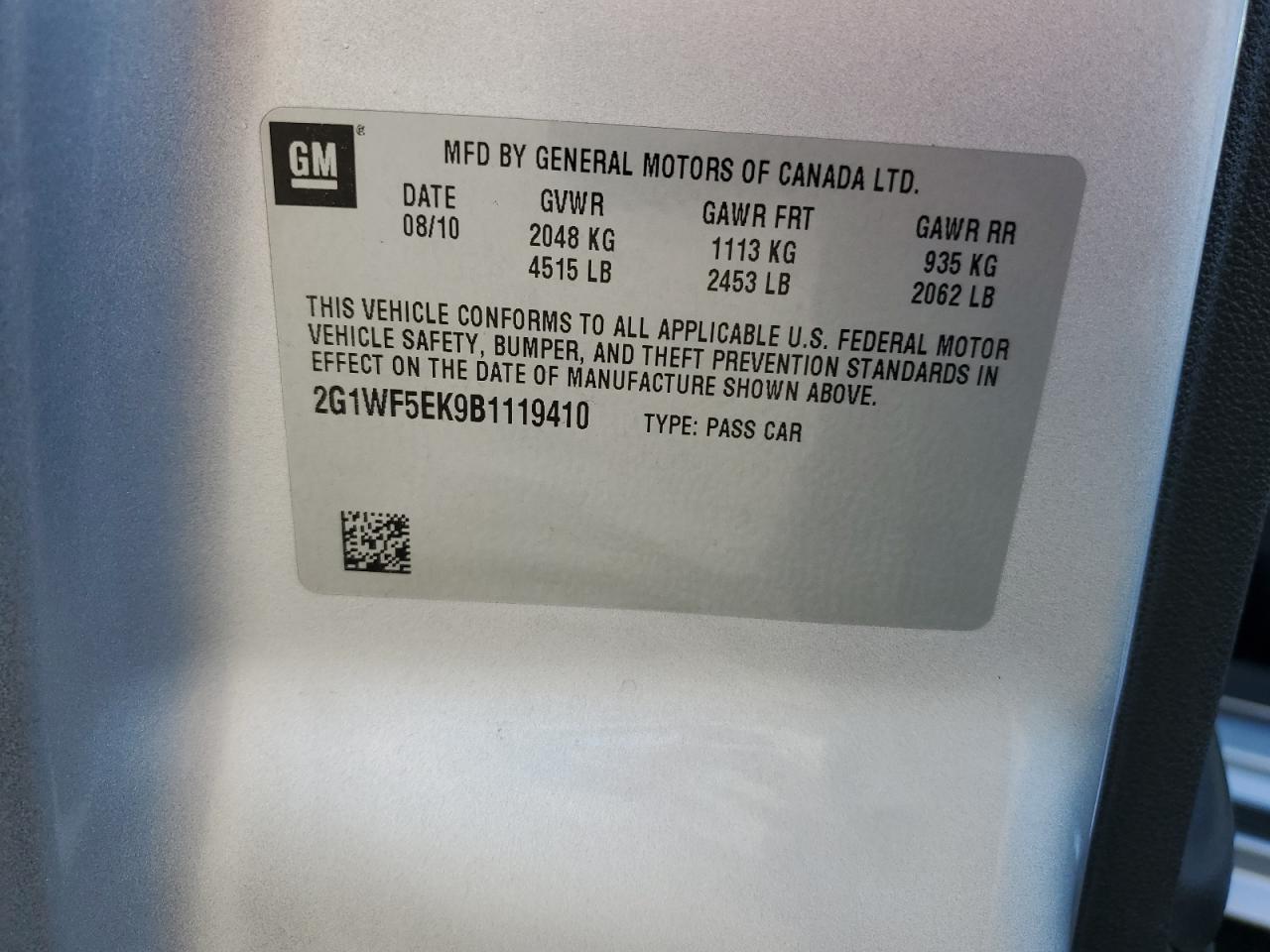 2011 Chevrolet Impala Ls VIN: 2G1WF5EK9B1119410 Lot: 71634665