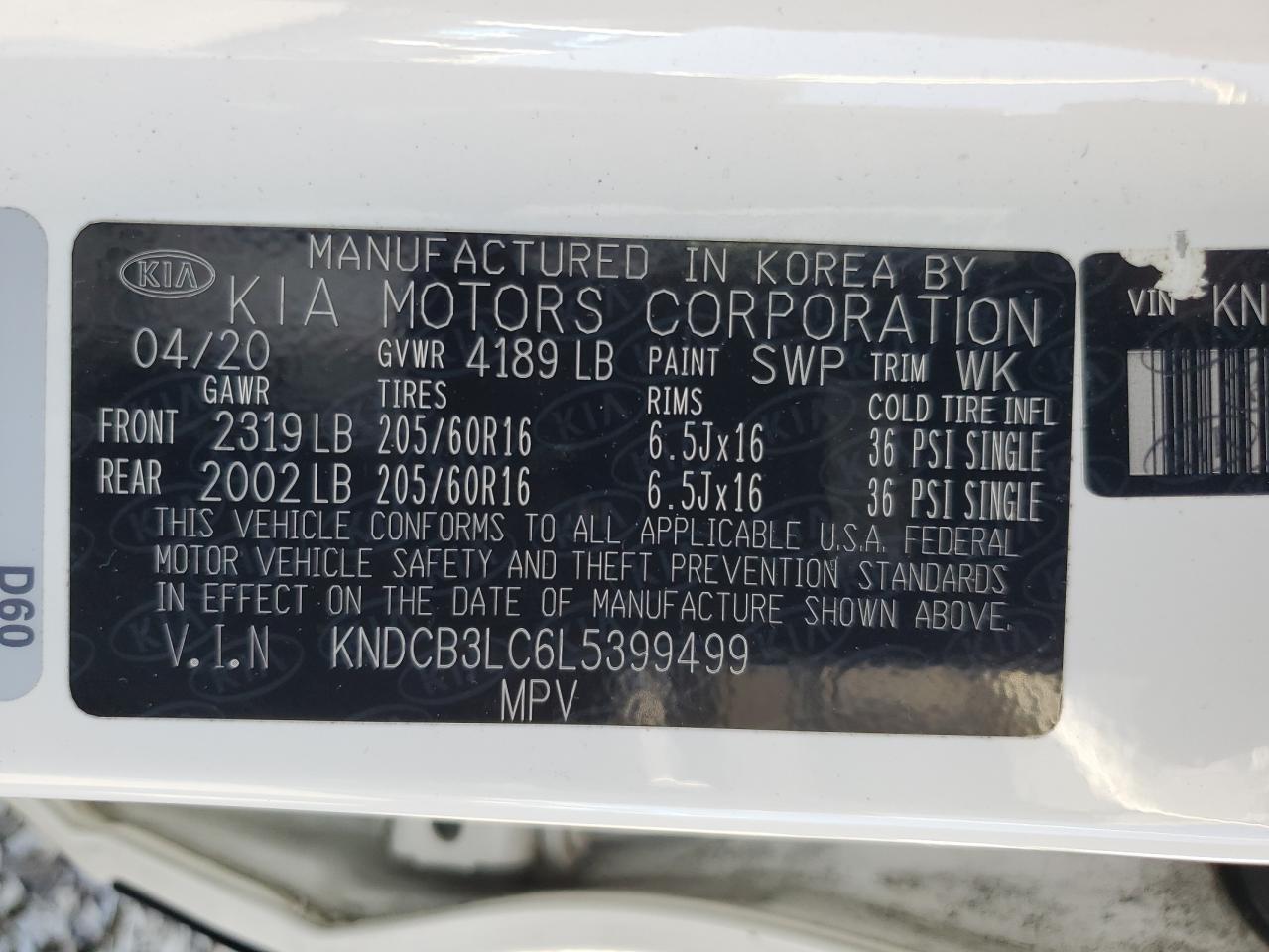 2020 Kia Niro Lx VIN: KNDCB3LC6L5399499 Lot: 80186455