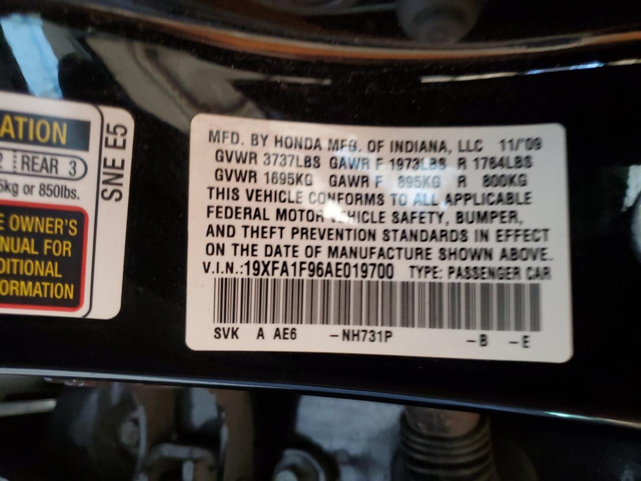 2010 Honda Civic Exl VIN: 19XFA1F96AE019700 Lot: 80375165