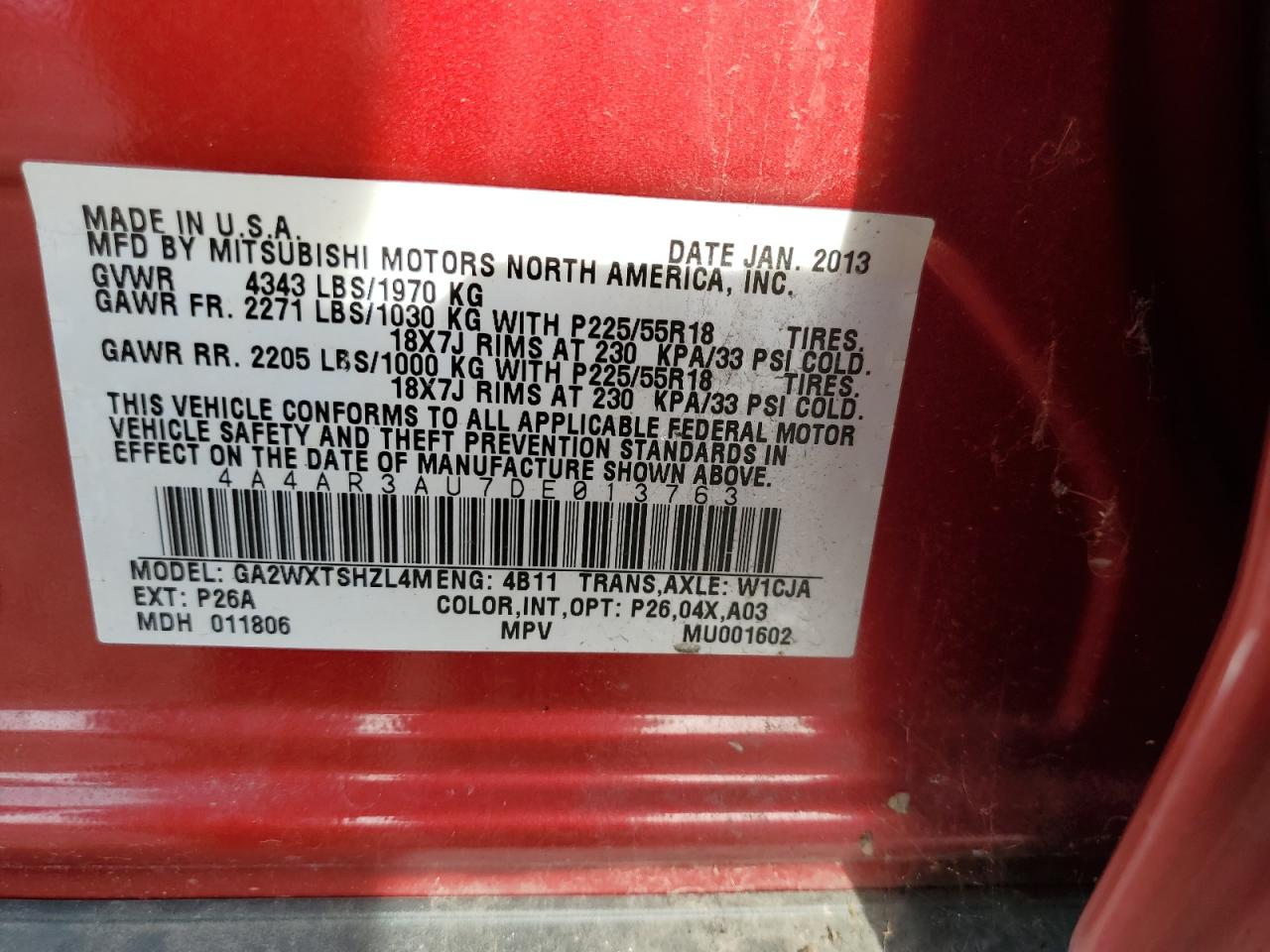 2013 Mitsubishi Outlander Sport Es VIN: 4A4AR3AU7DE013763 Lot: 81279065