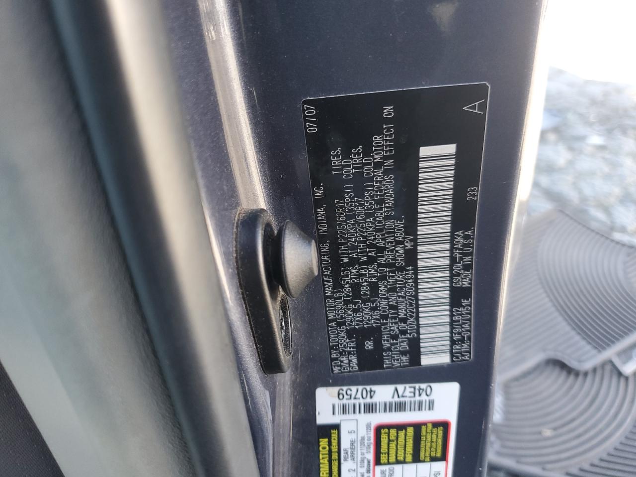 2007 Toyota Sienna Xle VIN: 5TDZK22C27S094944 Lot: 71442685