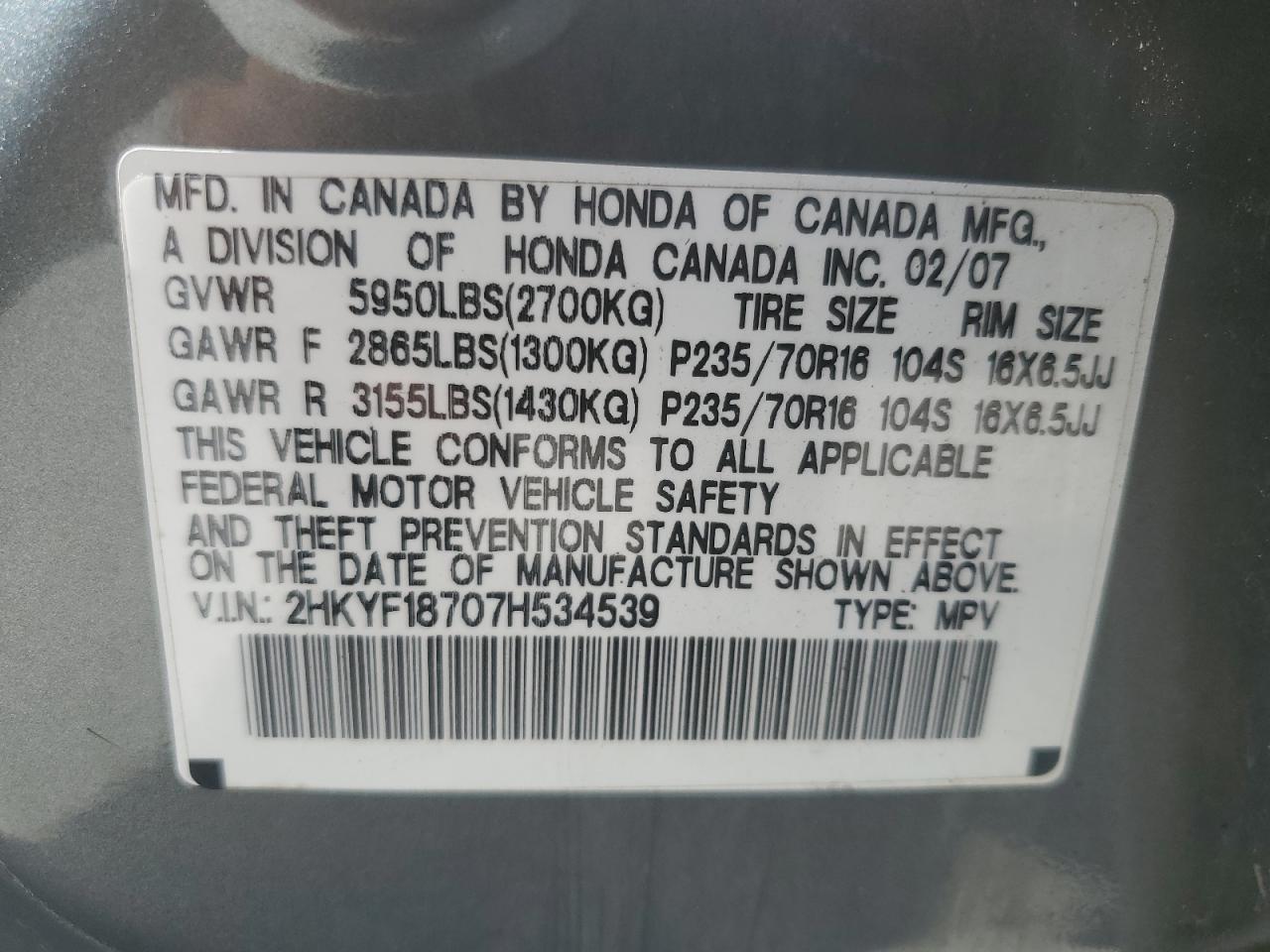 2007 Honda Pilot Exl VIN: 2HKYF18707H534539 Lot: 71594915