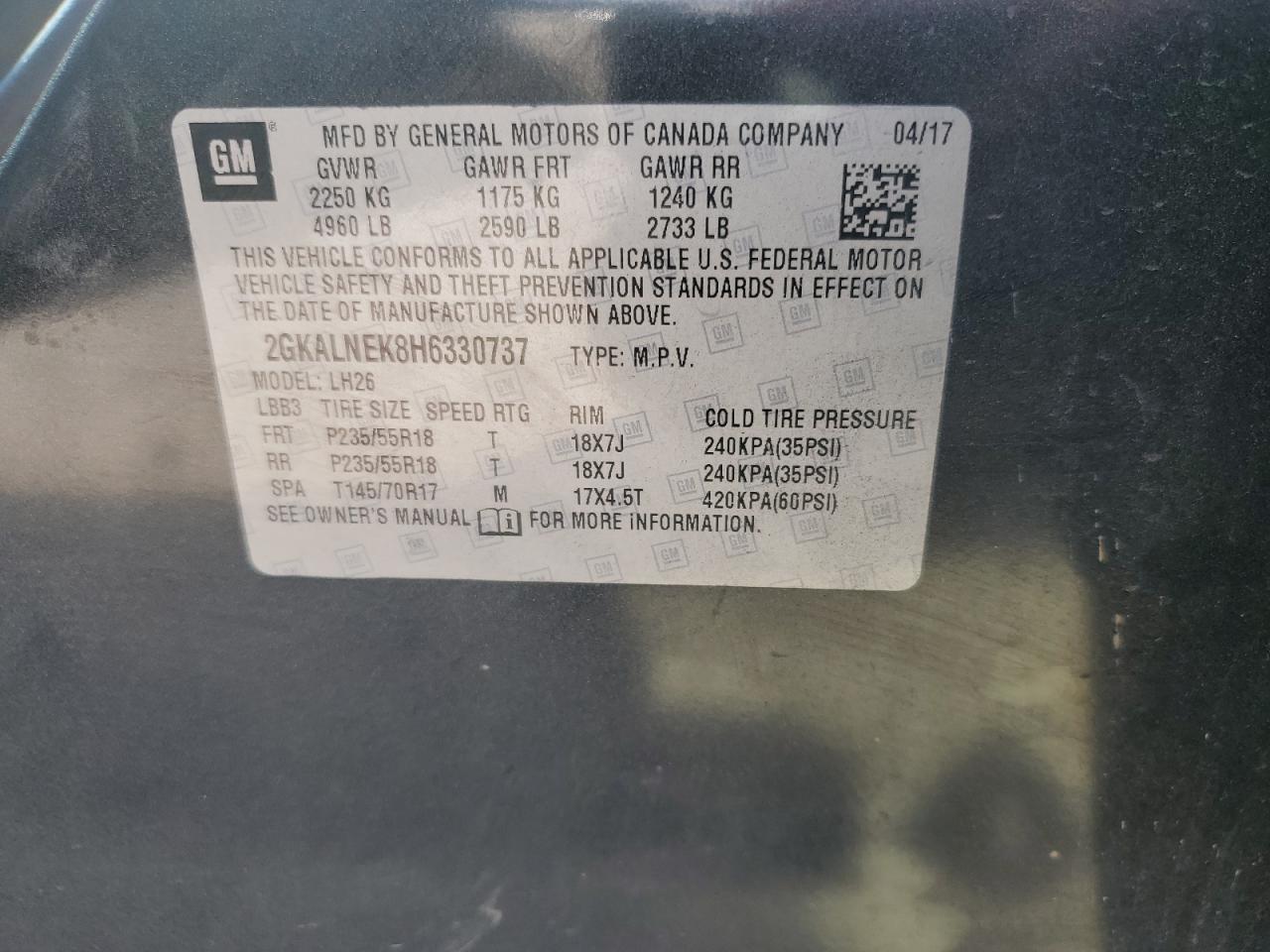 2017 GMC Terrain Sle VIN: 2GKALNEK8H6330737 Lot: 80786555