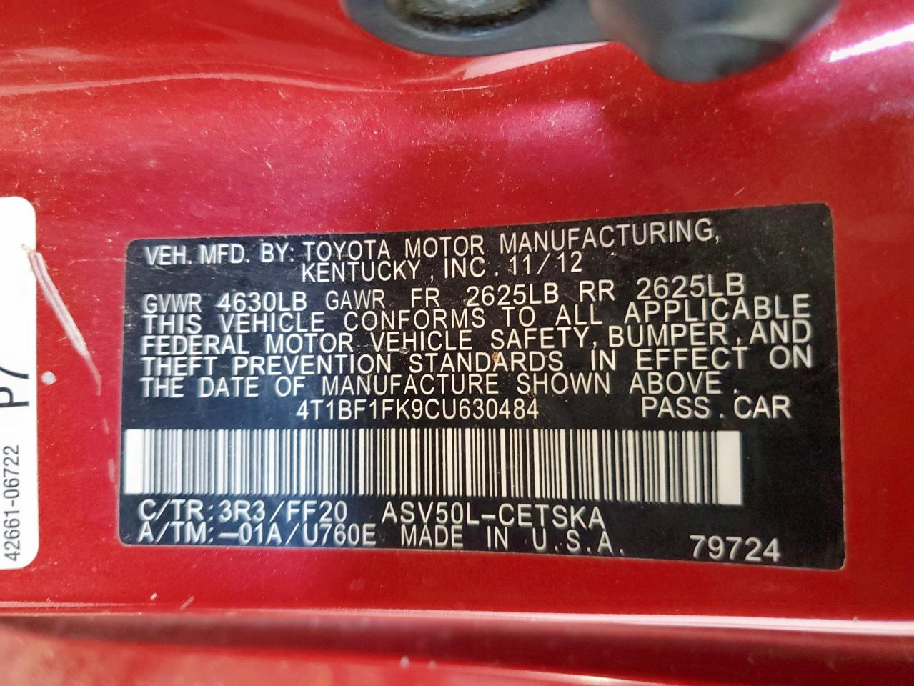 2012 Toyota Camry Base VIN: 4T1BF1FK9CU630484 Lot: 80425545
