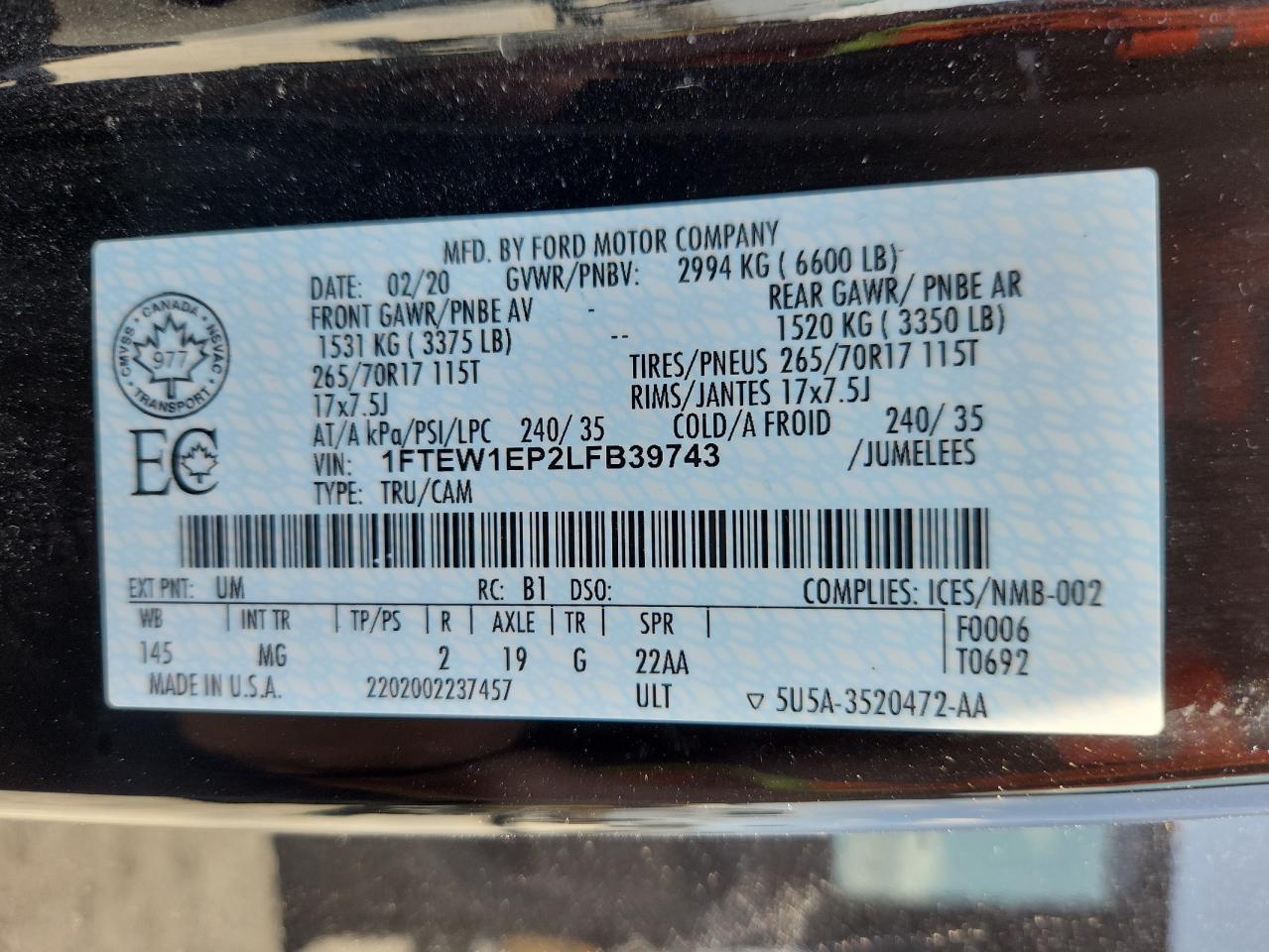 2020 Ford F150 Supercrew VIN: 1FTEW1EP2LFB39743 Lot: 81625745