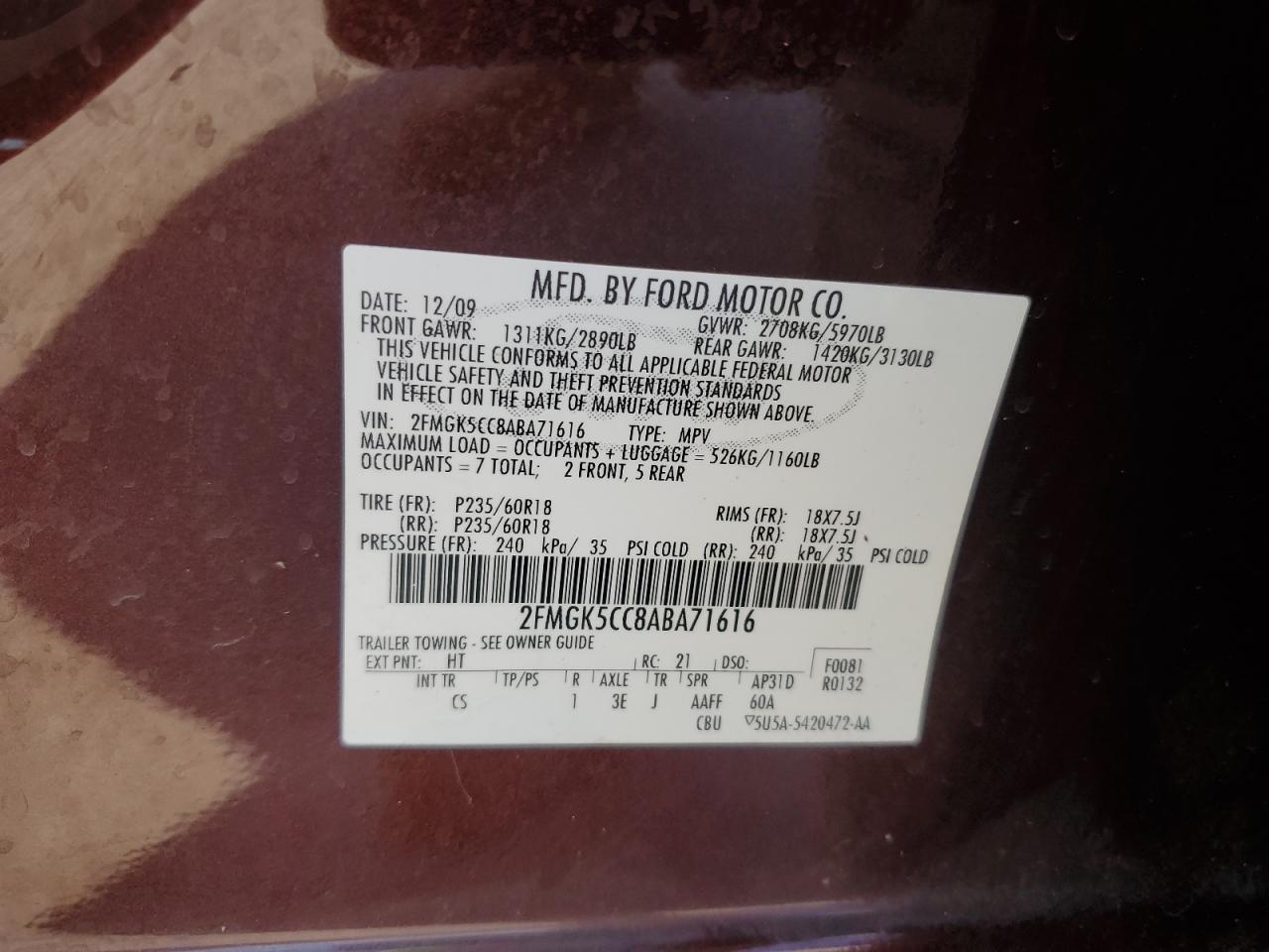 2010 Ford Flex Sel VIN: 2FMGK5CC8ABA71616 Lot: 84734765