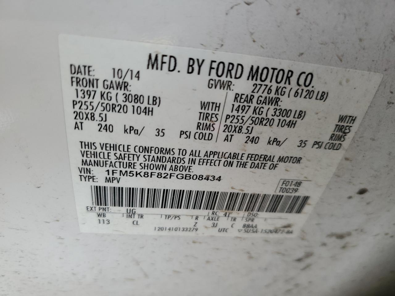 2015 Ford Explorer Limited VIN: 1FM5K8F82FGB08434 Lot: 71069205