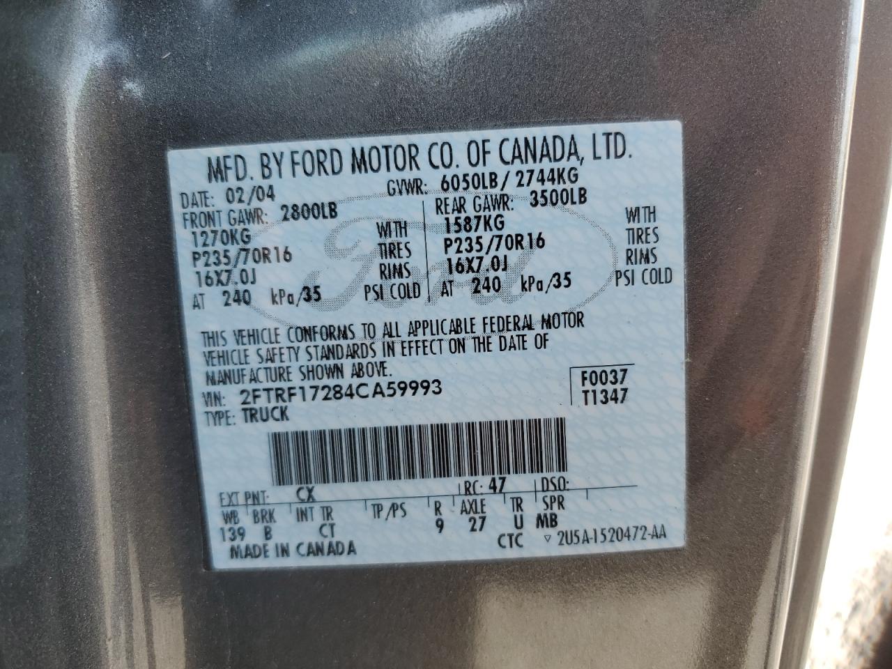 2004 Ford F-150 Heritage Classic VIN: 2FTRF17284CA59993 Lot: 84639995