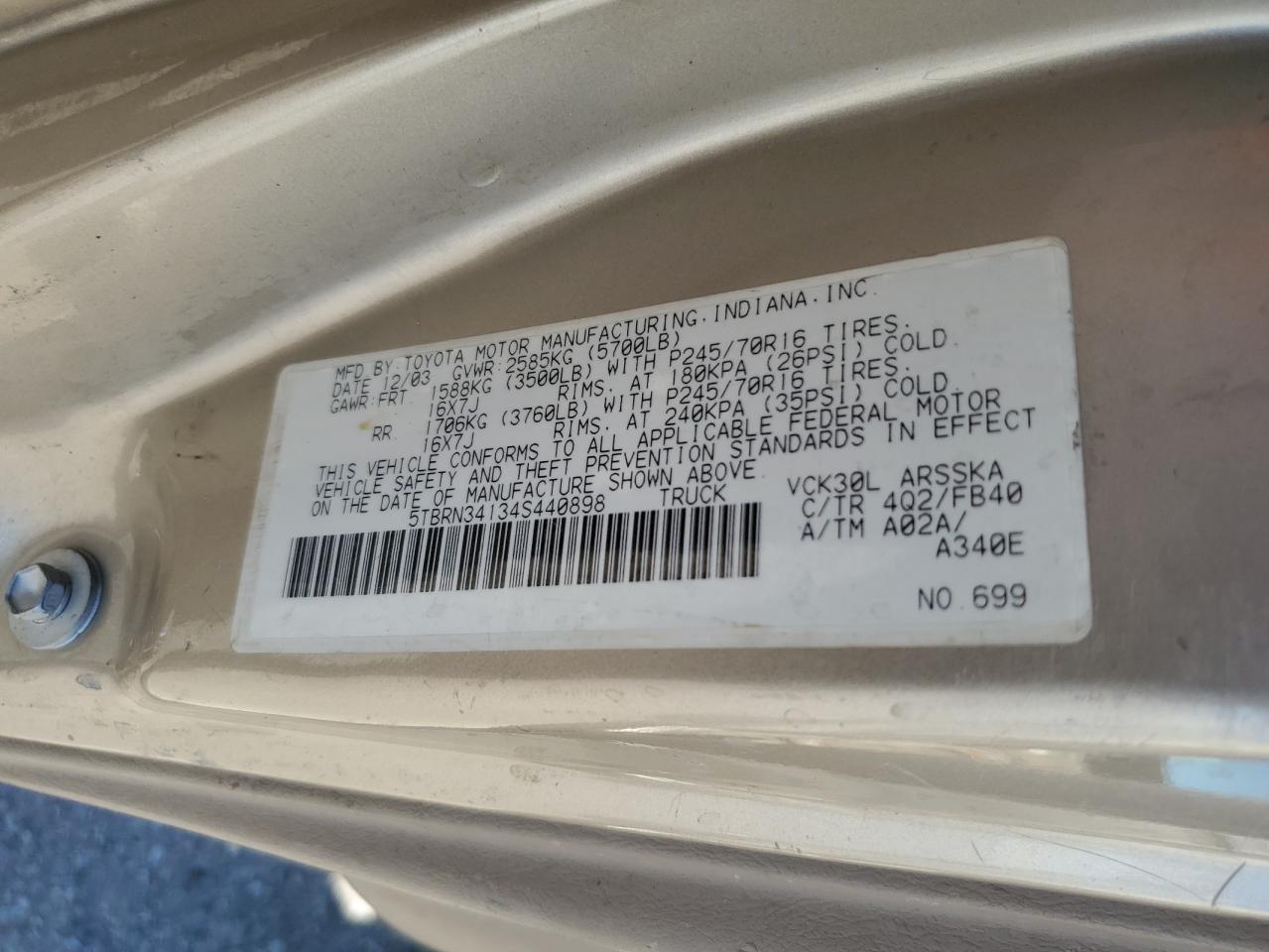 2004 Toyota Tundra Access Cab Sr5 VIN: 5TBRN34134S440898 Lot: 81858355