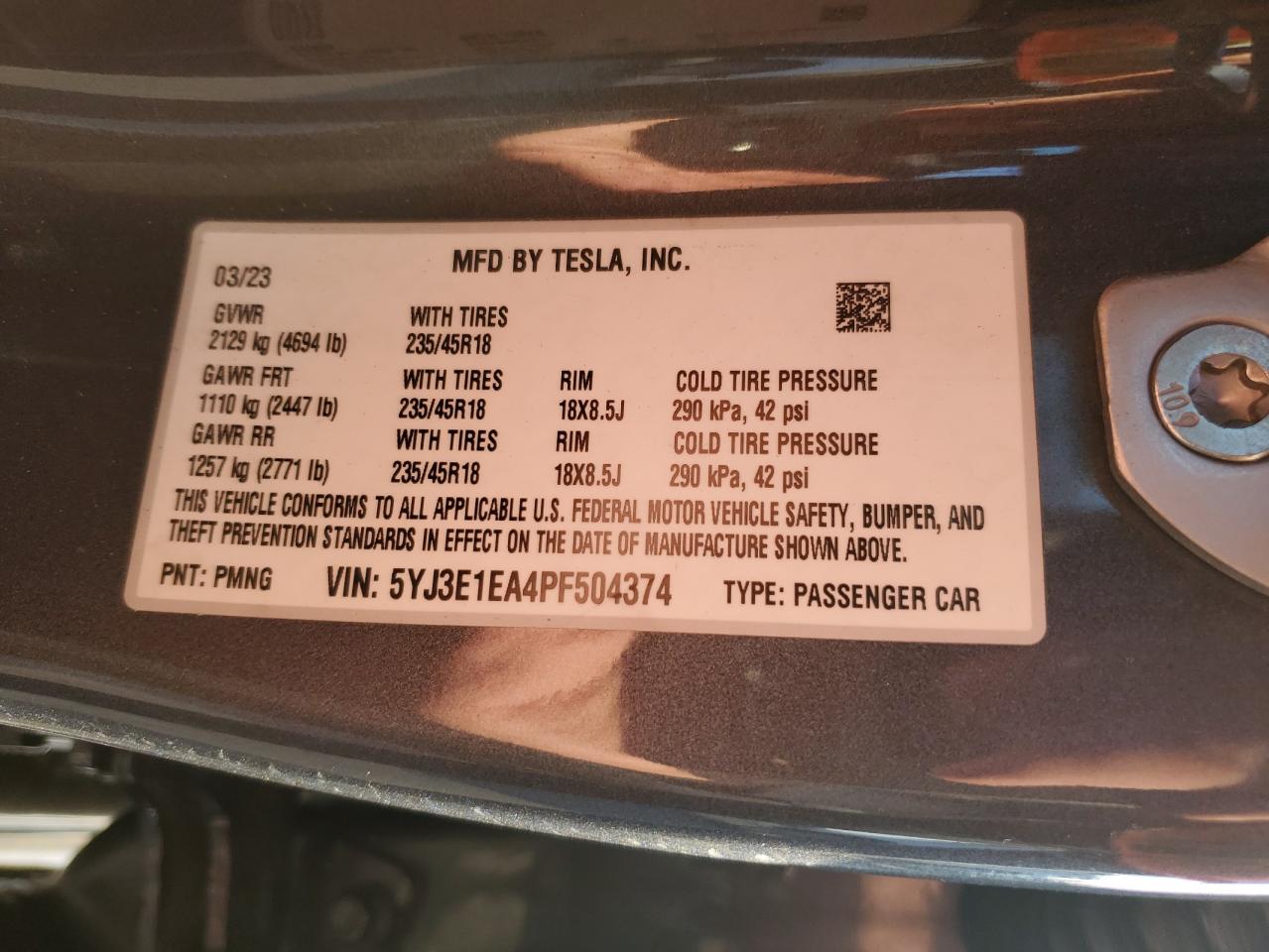 2023 Tesla Model 3 VIN: 5YJ3E1EA4PF504374 Lot: 80551805