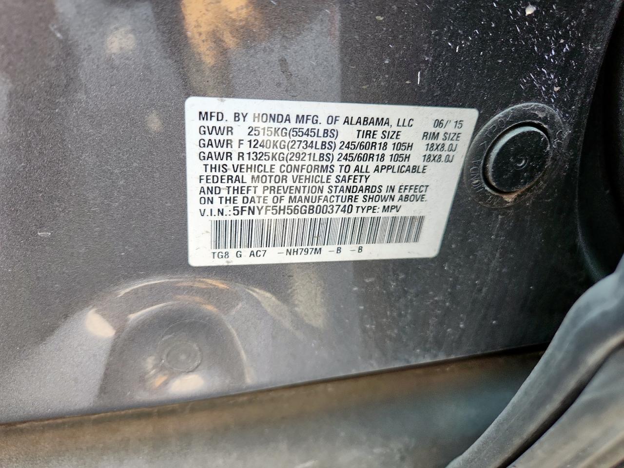 2016 Honda Pilot Exl VIN: 5FNYF5H56GB003740 Lot: 81560045