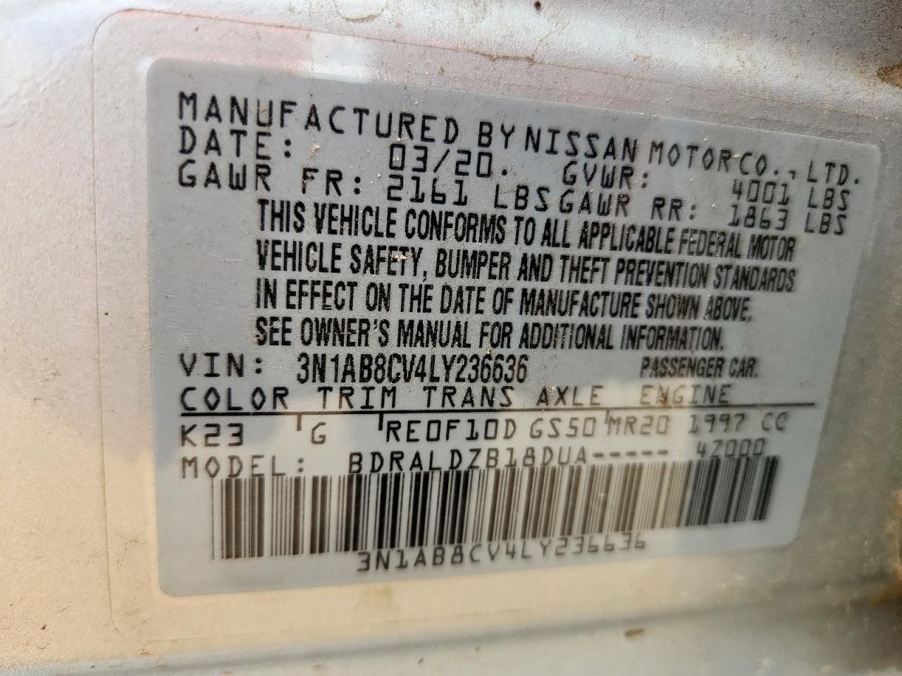 2020 Nissan Sentra Sv VIN: 3N1AB8CV4LY236636 Lot: 81411745