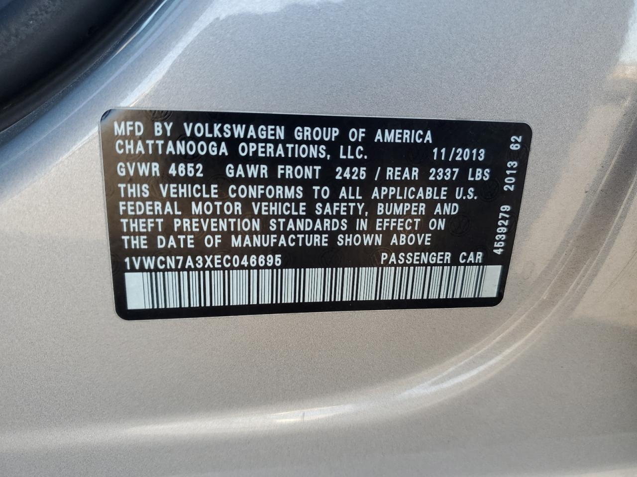 2014 Volkswagen Passat Sel VIN: 1VWCN7A3XEC046695 Lot: 81782105