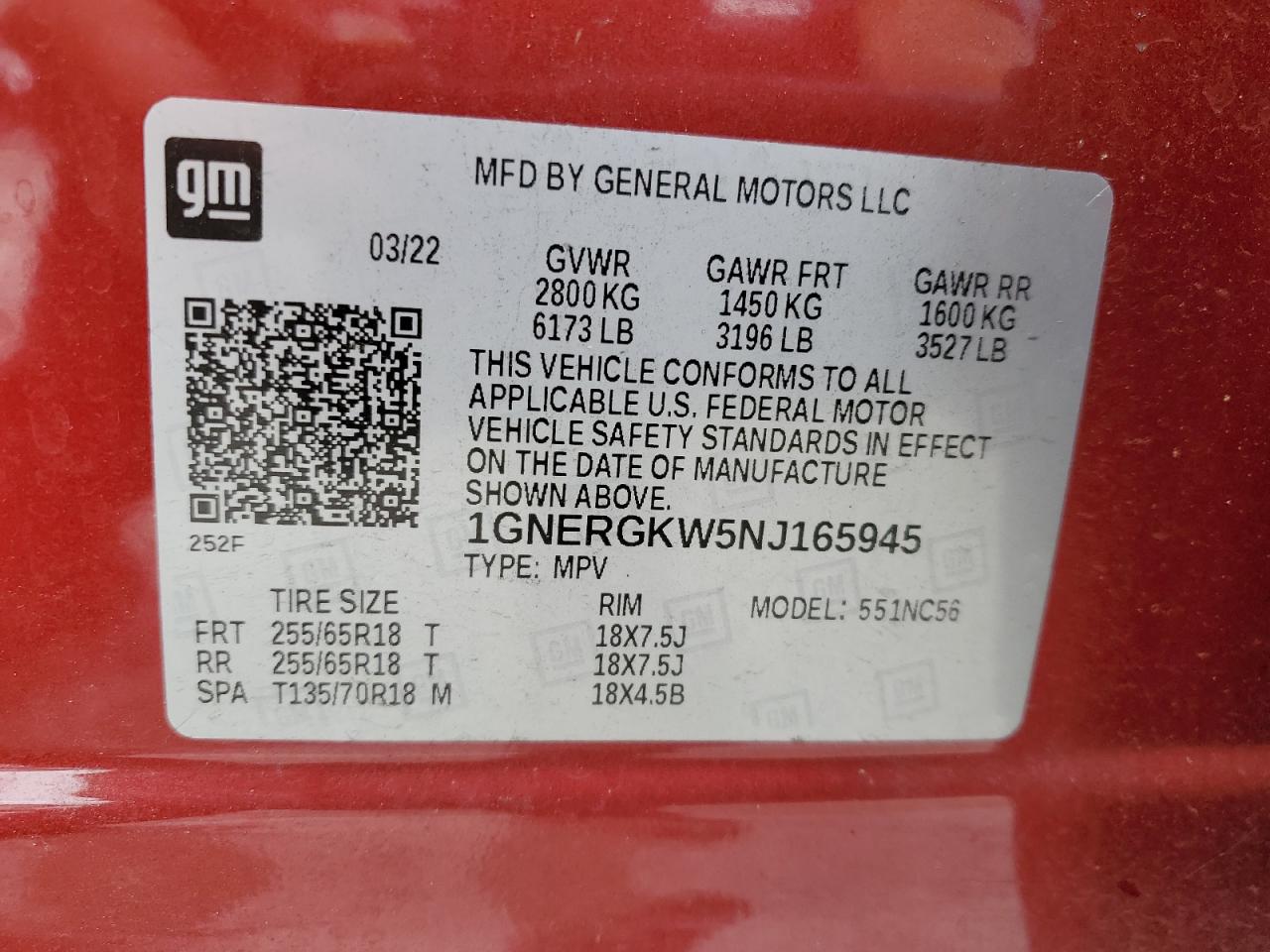 2022 Chevrolet Traverse Lt VIN: 1GNERGKW5NJ165945 Lot: 70910495