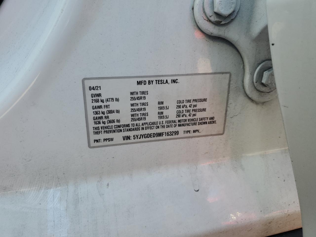 2021 Tesla Model Y VIN: 5YJYGDED9MF163299 Lot: 80437915