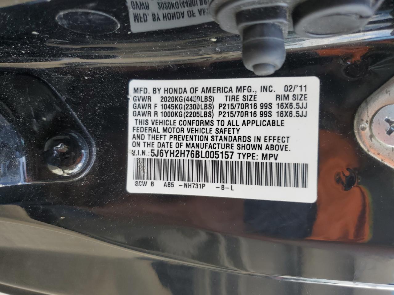 2011 Honda Element Ex VIN: 5J6YH2H76BL005157 Lot: 80791865