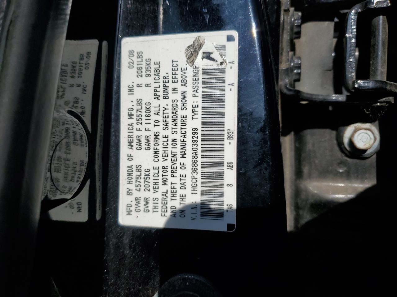 2008 Honda Accord Exl VIN: 1HGCP36868A039299 Lot: 81329085