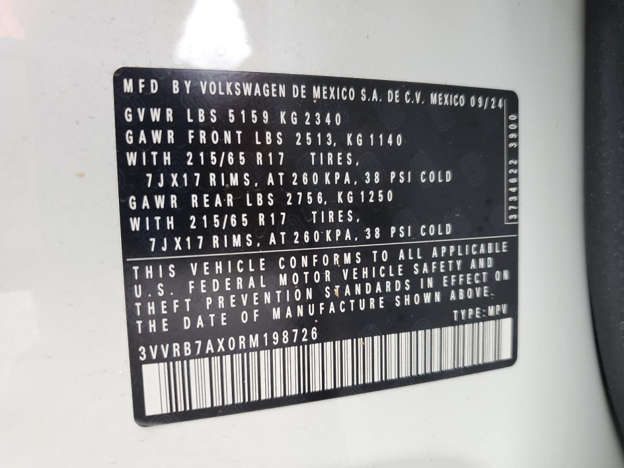 2024 Volkswagen Tiguan S VIN: 3VVRB7AX0RM198726 Lot: 84356325