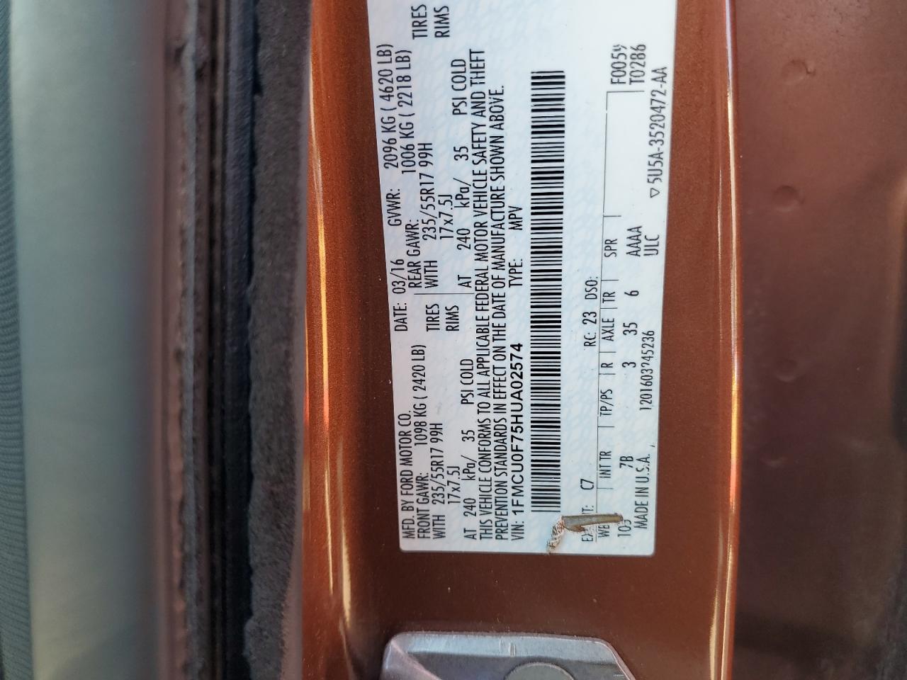 2017 Ford Escape S VIN: 1FMCU0F75HUA02574 Lot: 81278395