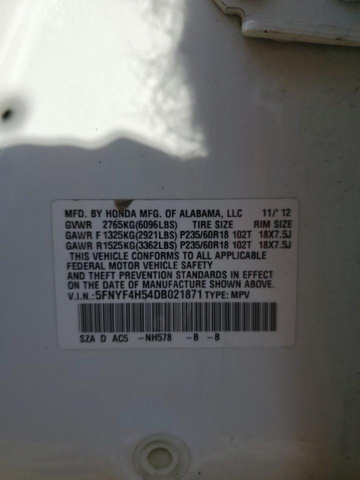 2013 Honda Pilot Exl VIN: 5FNYF4H54DB021871 Lot: 84032605