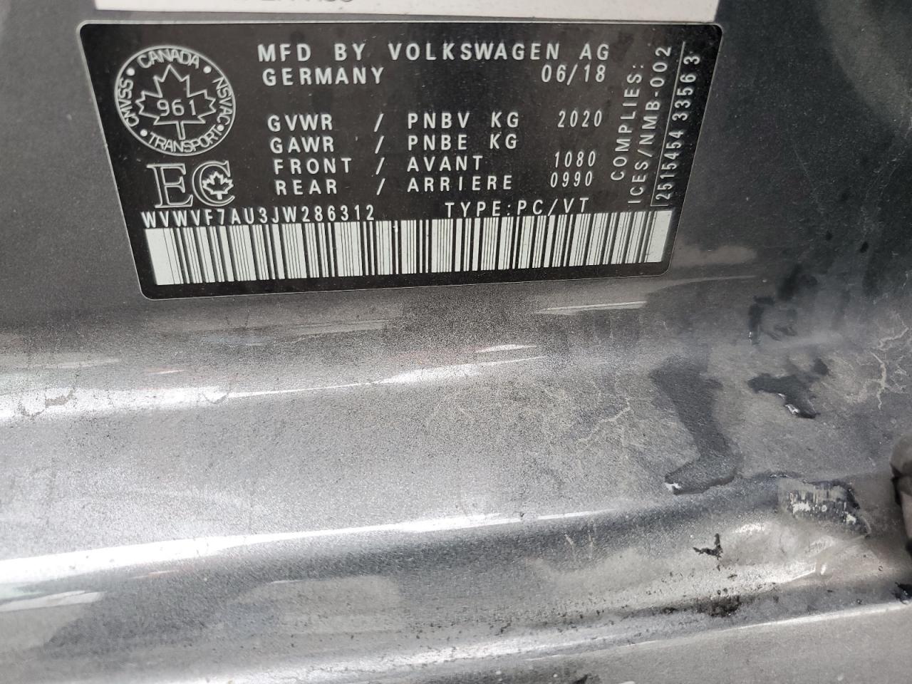 2018 Volkswagen Golf R VIN: WVWVF7AU3JW286312 Lot: 81733775