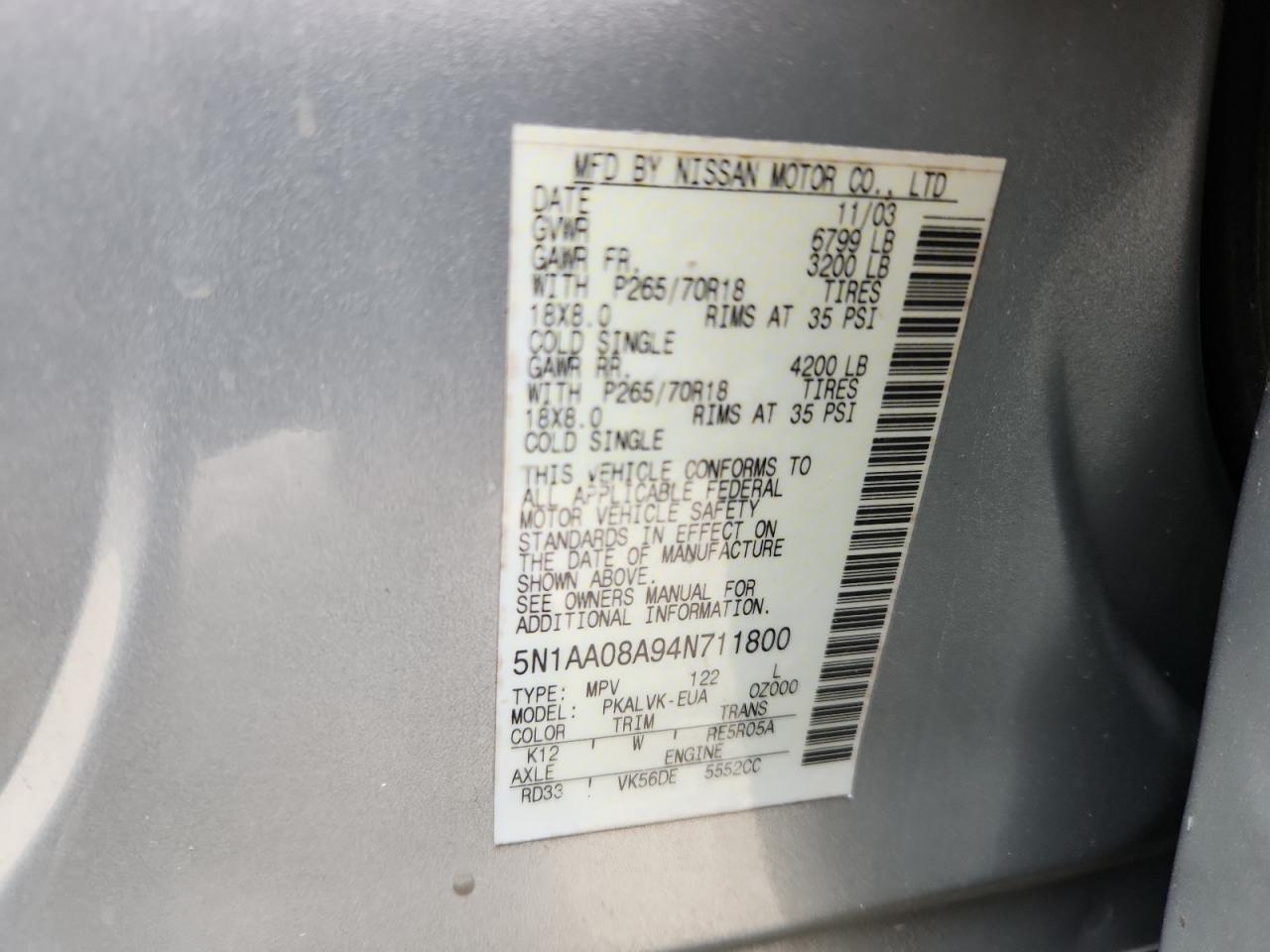 2004 Nissan Armada Se VIN: 5N1AA08A94N711800 Lot: 83954175