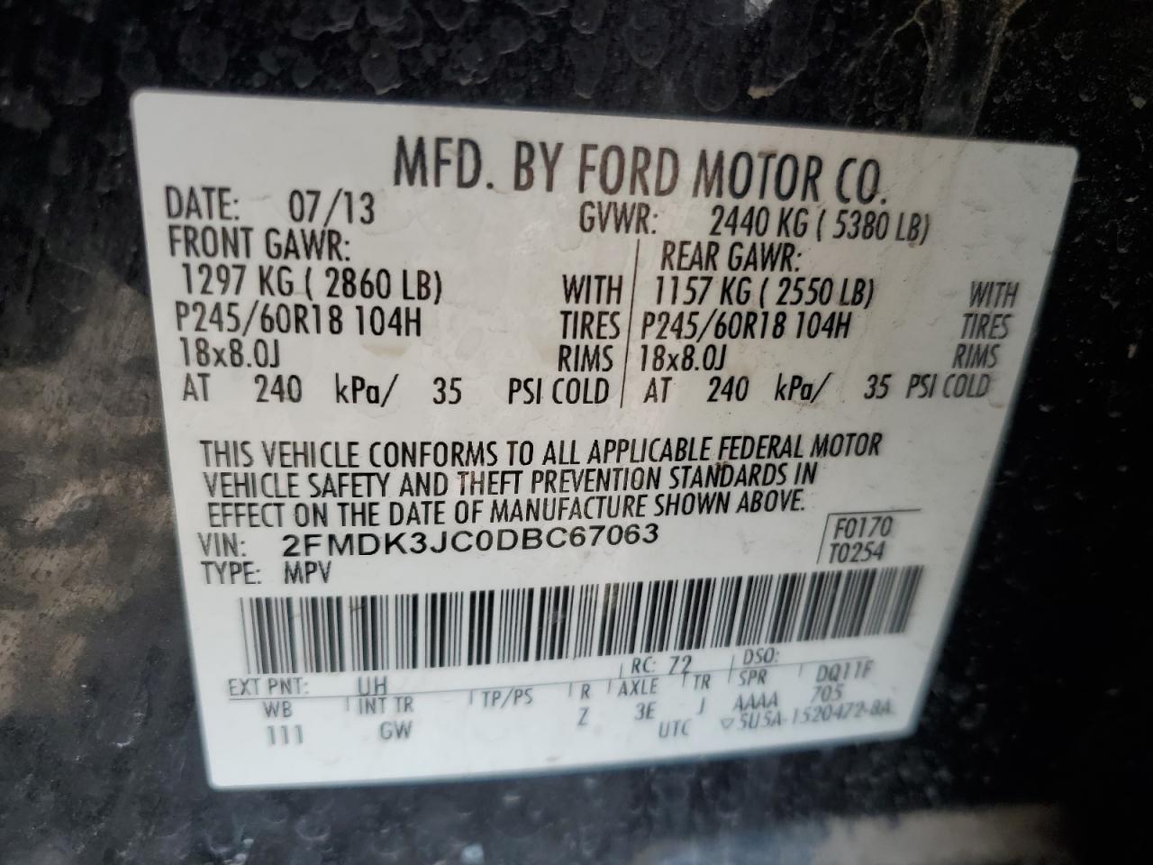 2013 Ford Edge Sel VIN: 2FMDK3JC0DBC67063 Lot: 71510745