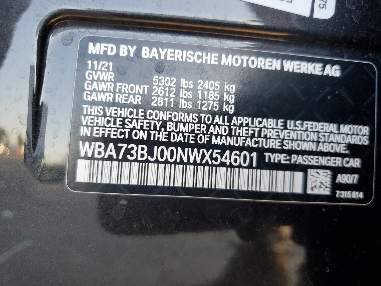 2022 BMW 540 Xi VIN: WBA73BJ00NWX54601 Lot: 80878795