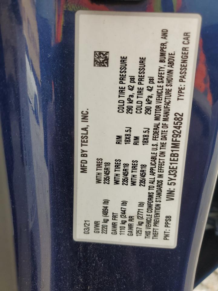2021 Tesla Model 3 VIN: 5YJ3E1EB1MF924582 Lot: 80527375