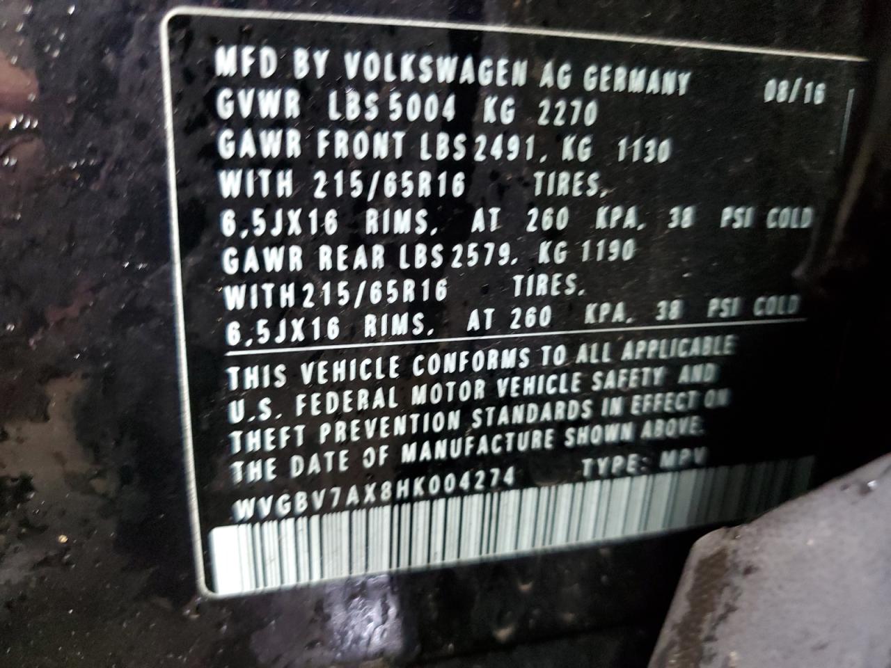 2017 Volkswagen Tiguan S VIN: WVGBV7AX8HK004274 Lot: 80499905