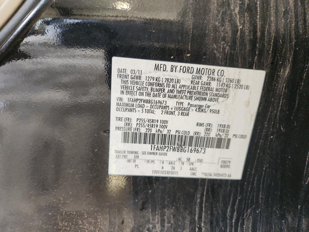 2011 Ford Taurus Limited VIN: 1FAHP2FW8BG169673 Lot: 82128105