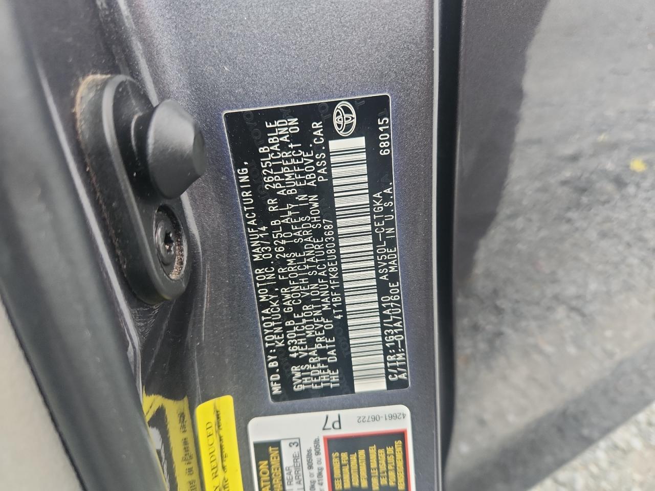 2014 Toyota Camry L VIN: 4T1BF1FK8EU803687 Lot: 81898025