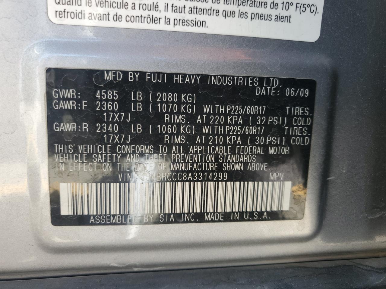 2010 Subaru Outback 2.5I Premium VIN: 4S4BRCCC8A3314299 Lot: 71658575