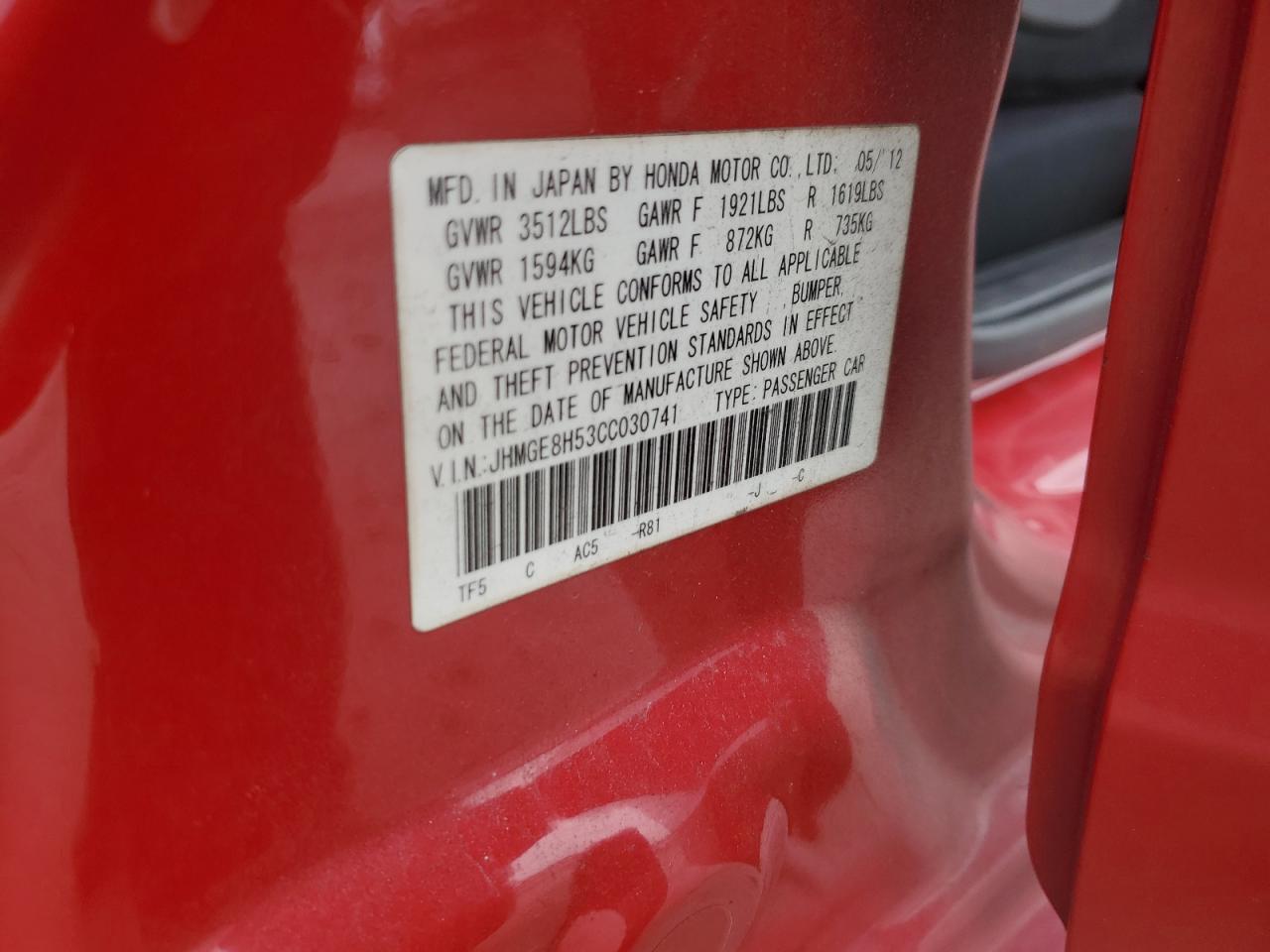 2012 Honda Fit Sport VIN: JHMGE8H53CC030741 Lot: 84385265