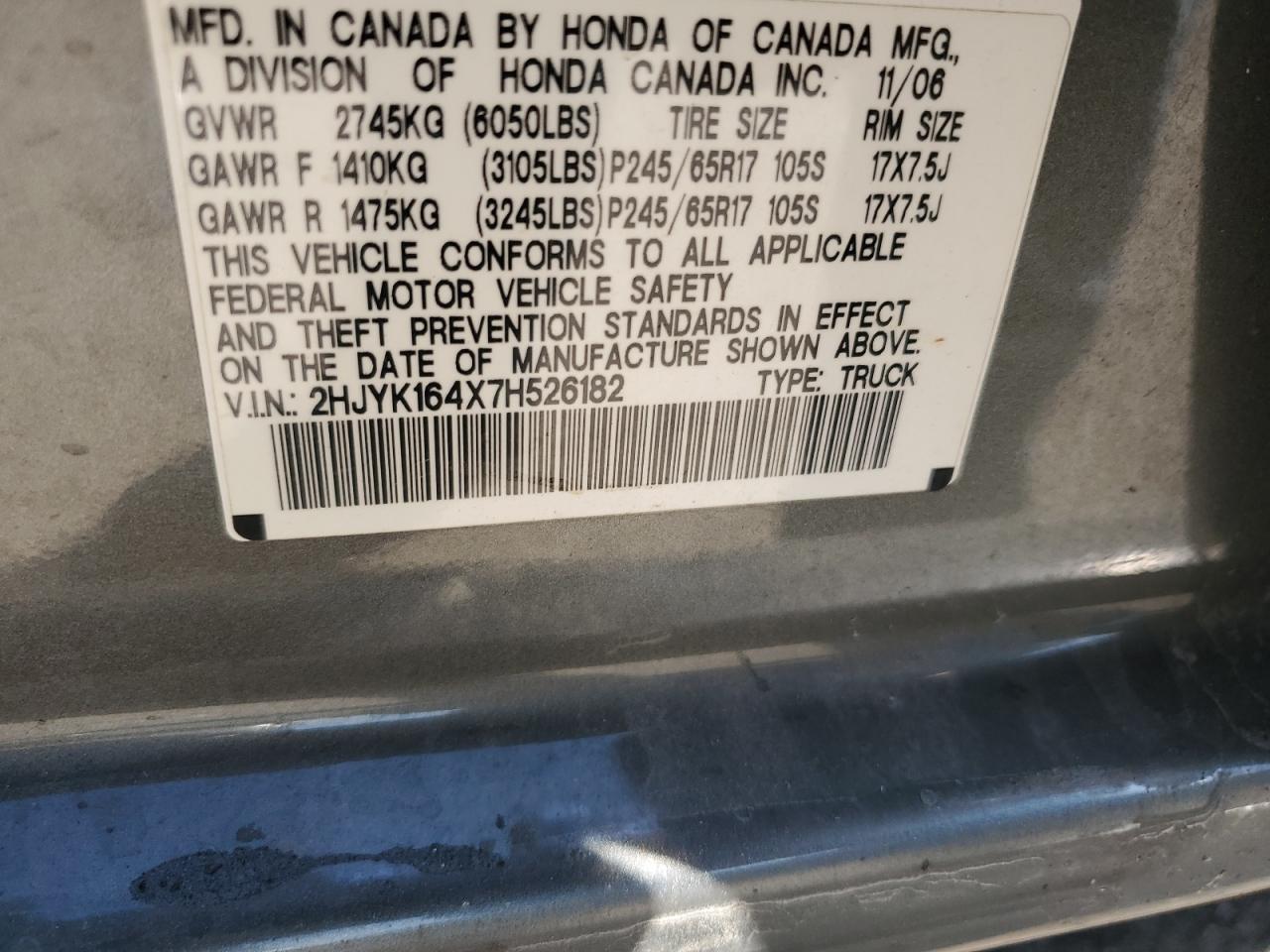 2007 Honda Ridgeline Rts VIN: 2HJYK164X7H526182 Lot: 81055445