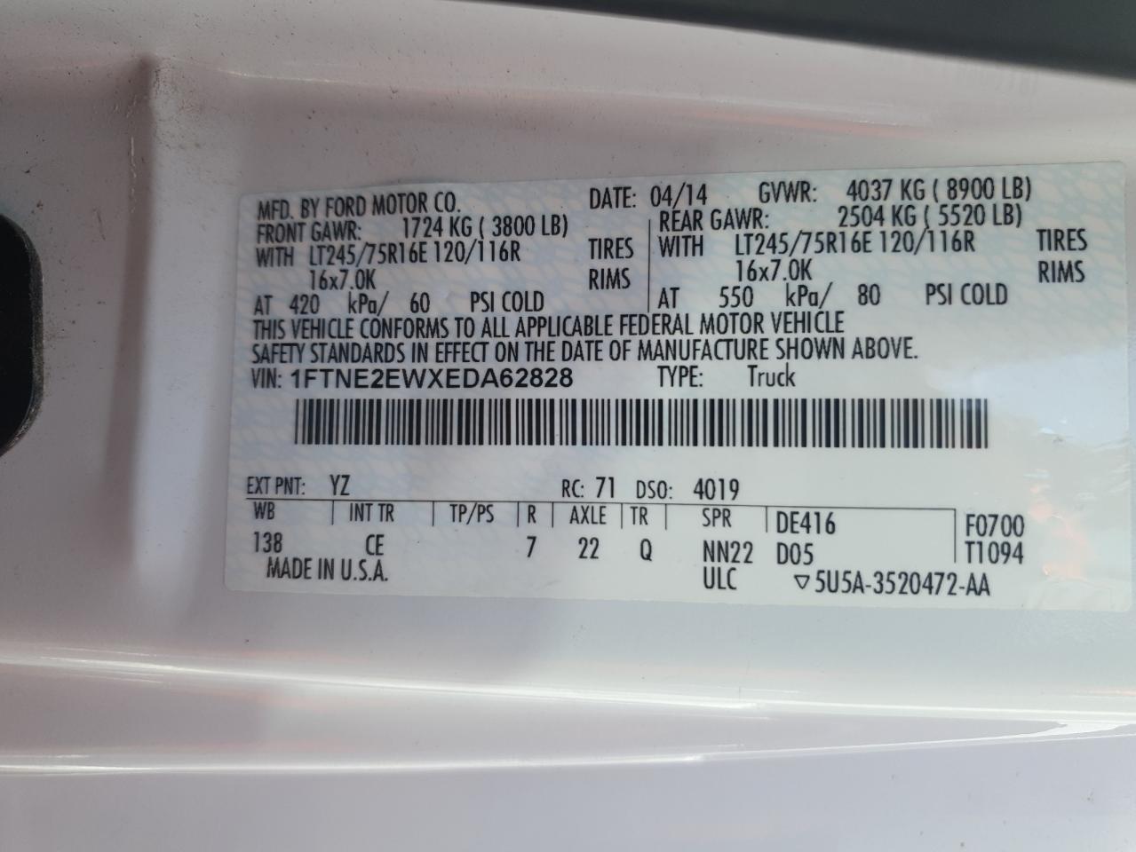 2014 Ford Econoline E250 Van VIN: 1FTNE2EWXEDA62828 Lot: 81107895