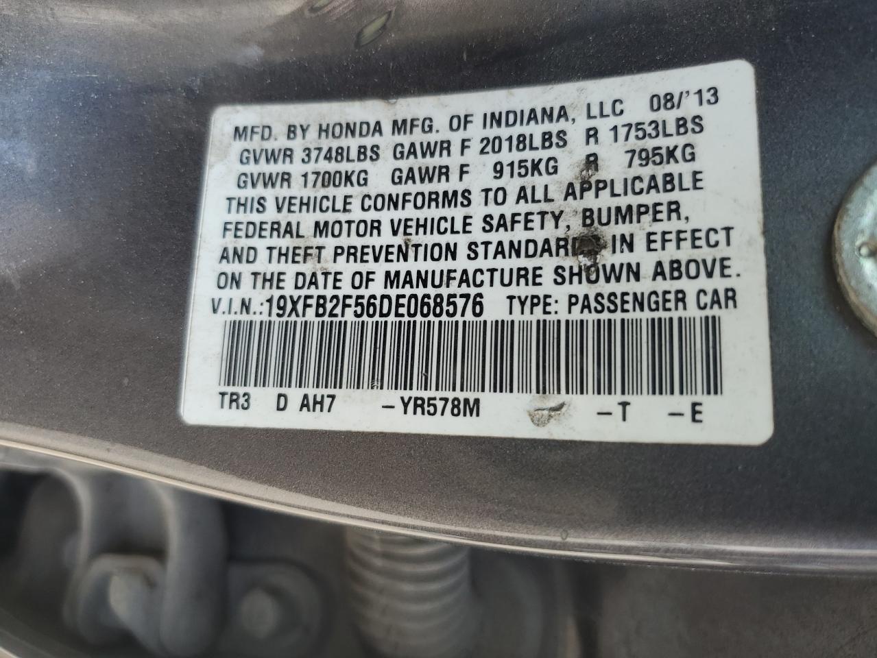 2013 Honda Civic Lx VIN: 19XFB2F56DE068576 Lot: 81004335