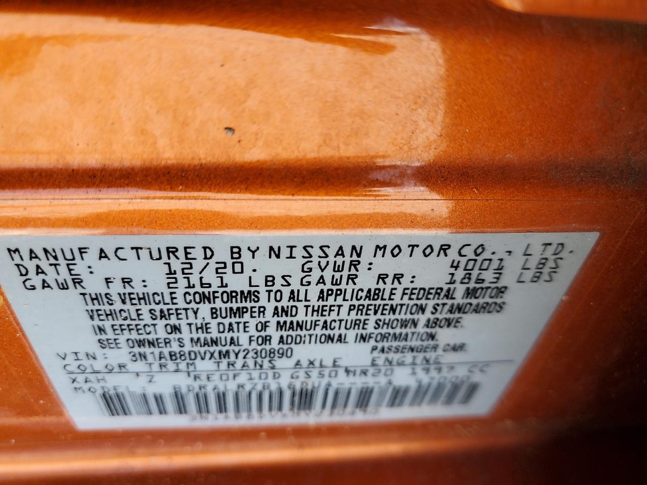 2021 Nissan Sentra Sr VIN: 3N1AB8DVXMY230890 Lot: 82094865