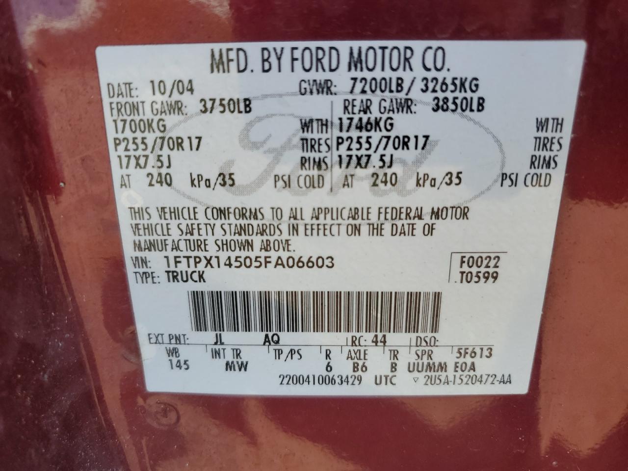 2005 Ford F150 VIN: 1FTPX14505FA06603 Lot: 81442035