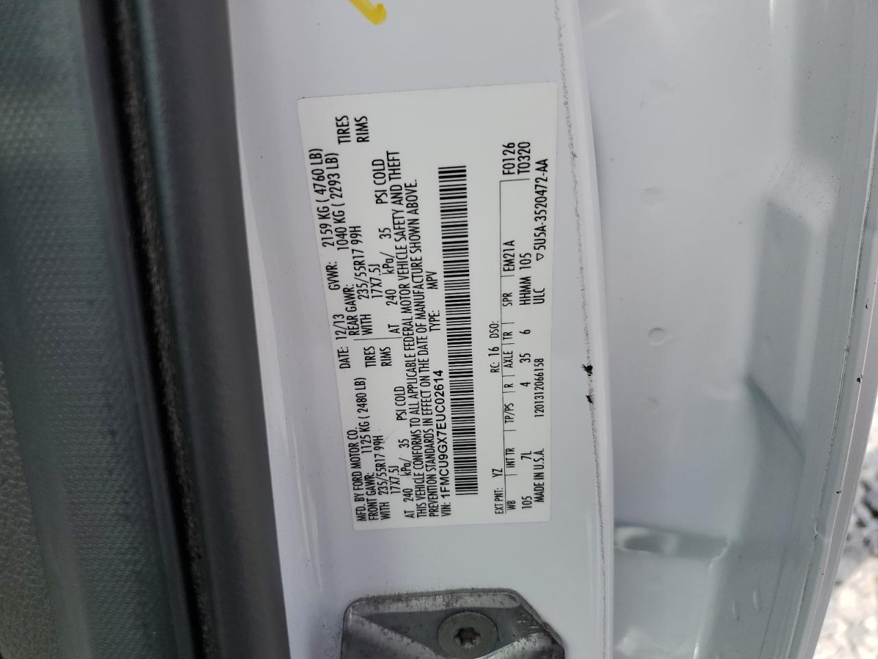 2014 Ford Escape Se VIN: 1FMCU9GX7EUC02614 Lot: 67215905