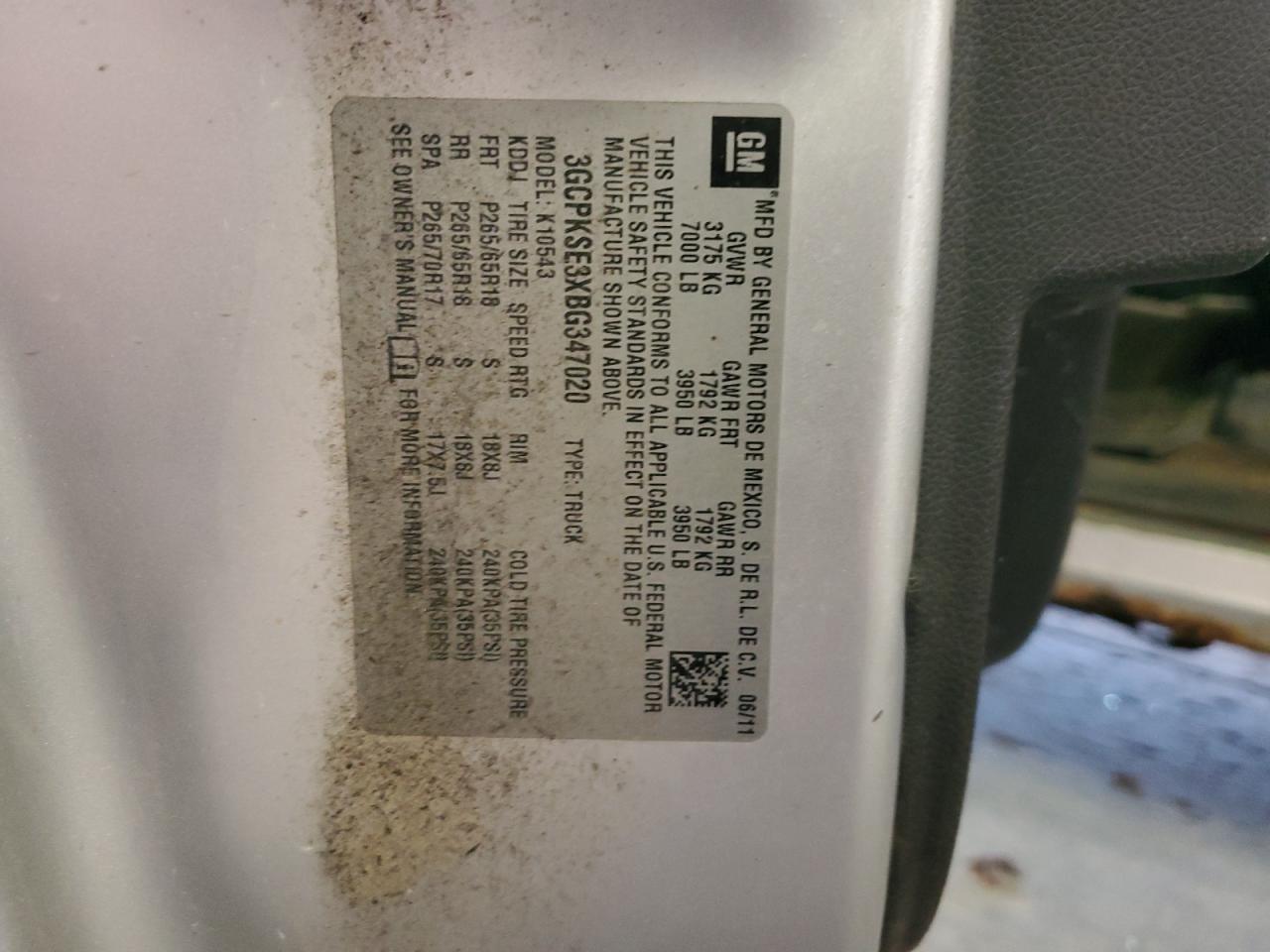 2011 Chevrolet Silverado K1500 Lt VIN: 3GCPKSE3XBG347020 Lot: 81610385