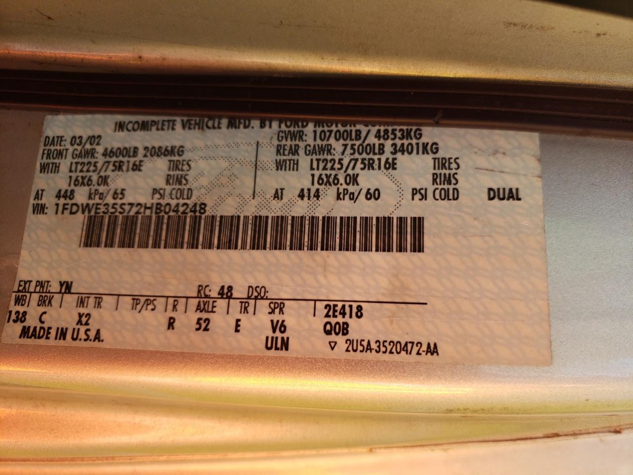 2002 Ford Econoline E350 Super Duty Cutaway Van VIN: 1FDWE35S72HB04248 Lot: 80337695