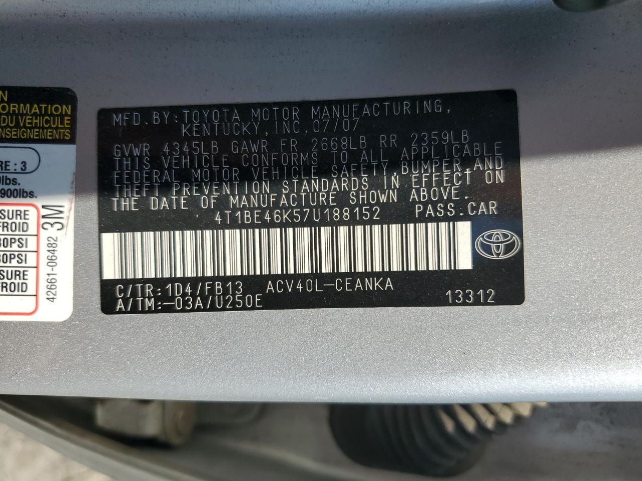 2007 Toyota Camry Ce VIN: 4T1BE46K57U188152 Lot: 80584065