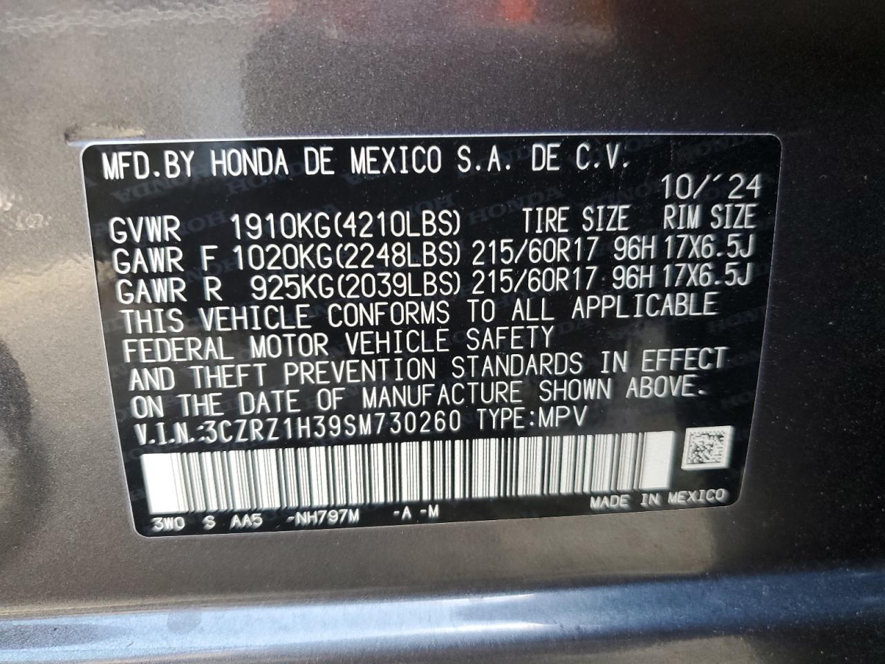 2025 Honda Hr-V Lx VIN: 3CZRZ1H39SM730260 Lot: 80103545