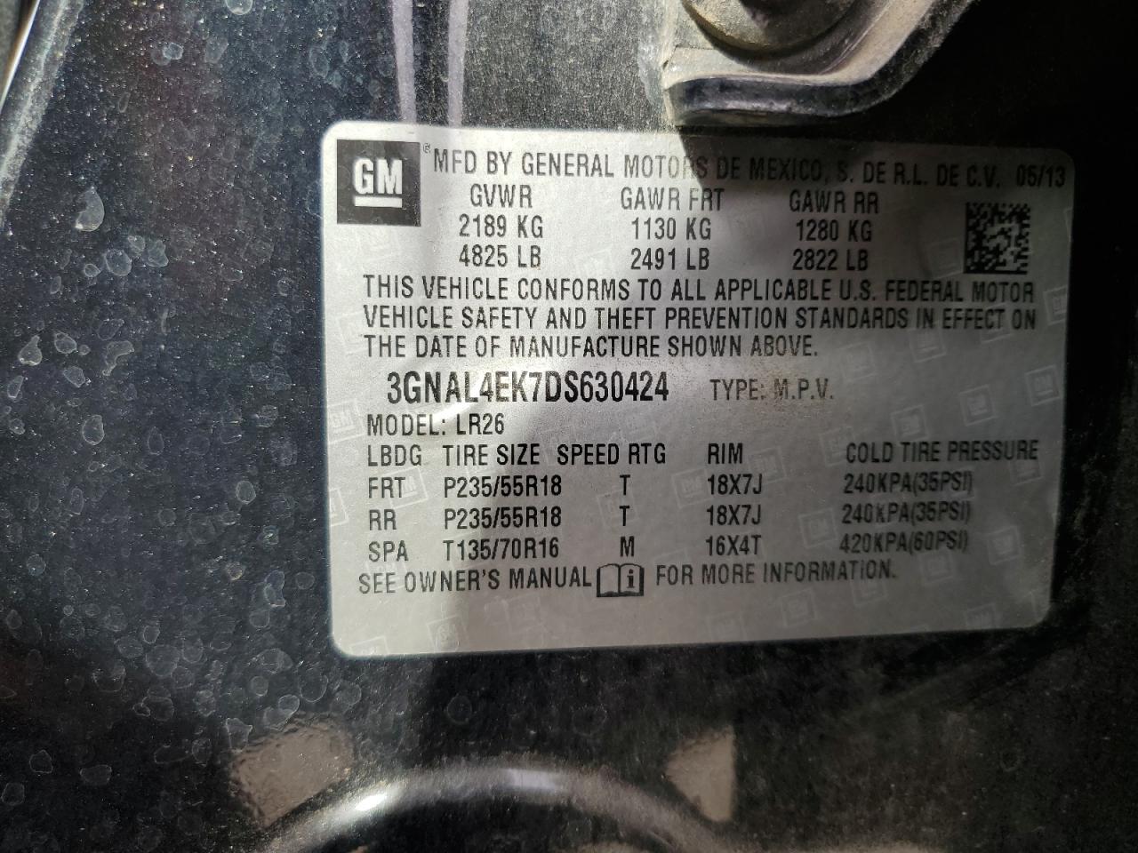 2013 Chevrolet Captiva Ltz VIN: 3GNAL4EK7DS630424 Lot: 81762785